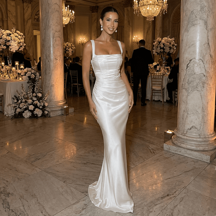 Vivienne Ruched Satin Maxi Dress Set – Women's Square Neck Wedding Guest Dress - Monsta Online