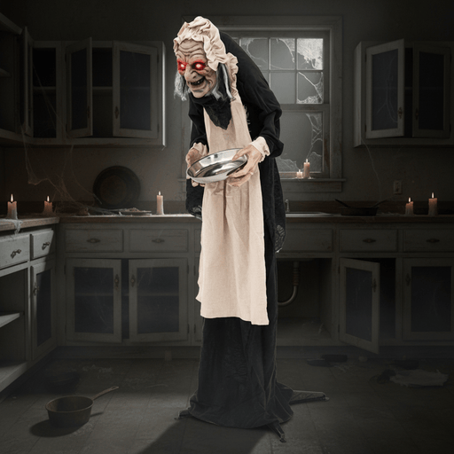 5.2ft Halloween Animatronic Old Lady Maid – Motion Activated with Flashing Red Eyes and Creepy Talking Phrases - Monsta Online