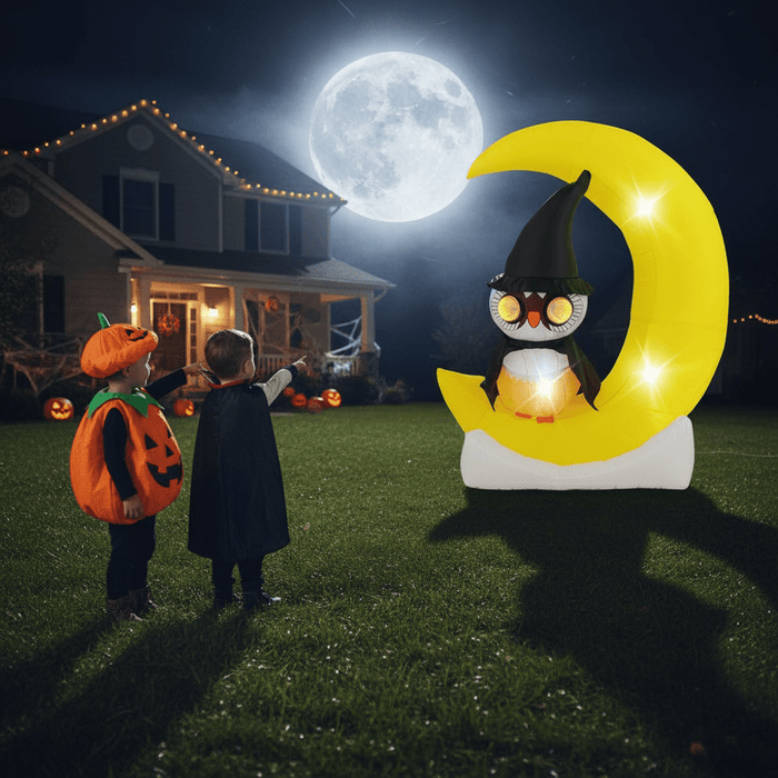 5ft Inflatable Halloween Owl on Crescent Moon with LED Lights - Monsta Online
