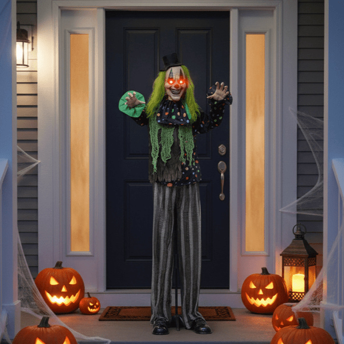 6.1ft Life - Size Animated Circus Clown – Sound Touch Activated with Glowing Eyes and Creepy Laughter - Monsta Online