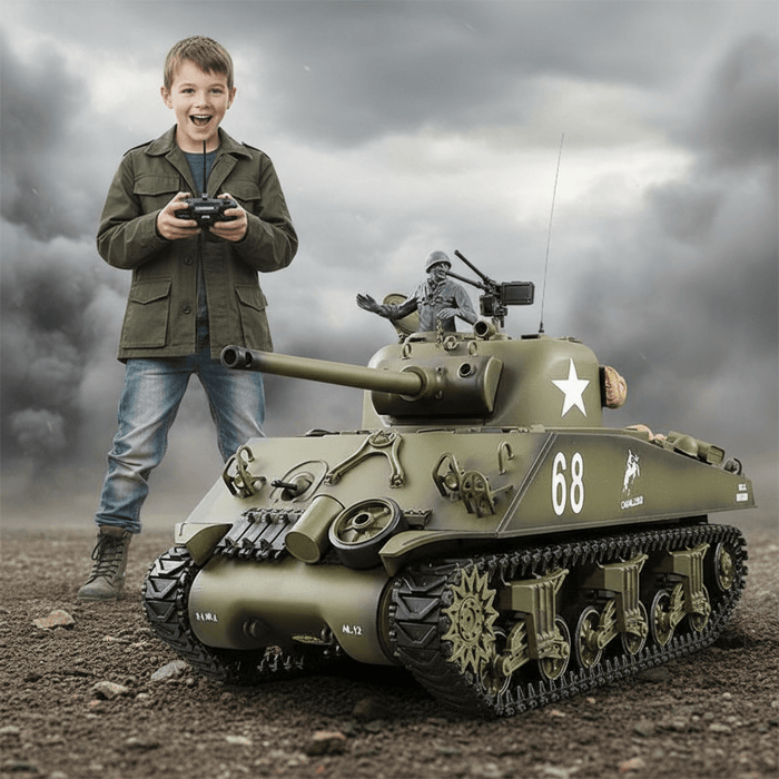 Premium 1:16 Scale Sherman RC Tank 2.4G RTR w/ Smoke, BB Pellet Gun & Infra Red Function - Monsta Online