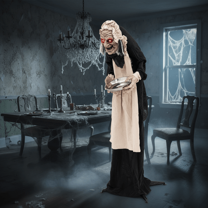 5.2ft Halloween Animatronic Old Lady Maid – Motion Activated with Flashing Red Eyes and Creepy Talking Phrases - Monsta Online