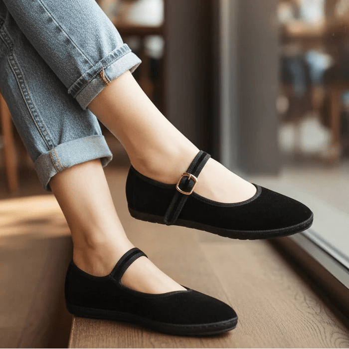 Emma Mary Jane Ballet Flats – Women's Round Toe Buckle Strap Suede Flat Shoes - Monsta Online