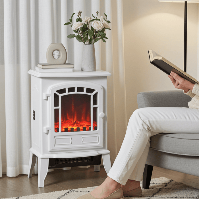 22" White Electric Fireplace Heater with Realistic Flame and Adjustable Heat - Monsta Online