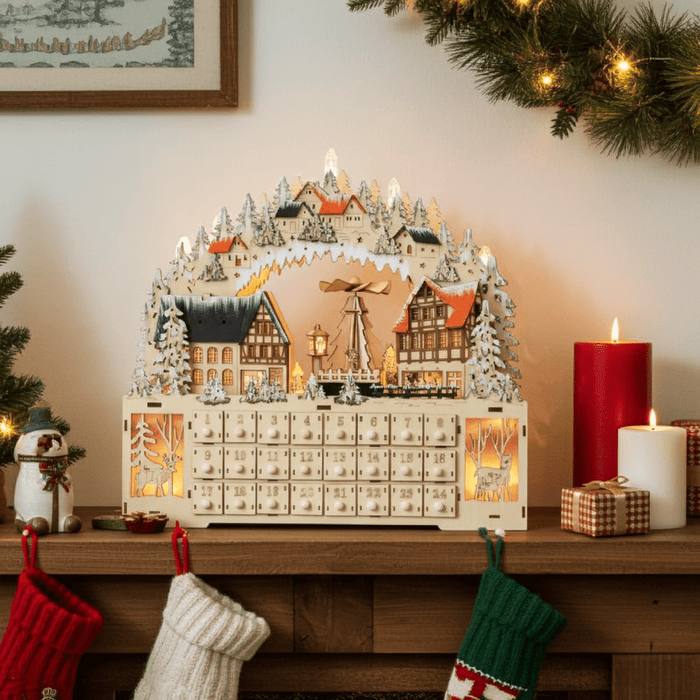Large Wooden Christmas Advent Calendar with LED Lights and 24 Countdown Drawers - Monsta Online