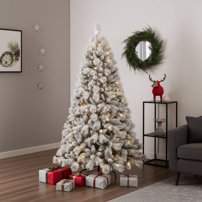 5FT Pre - Lit Flocked Artificial Christmas Tree — 200 Warm UL LED, Memory Wire, 551 Tips, Metal Stand - Monsta Online