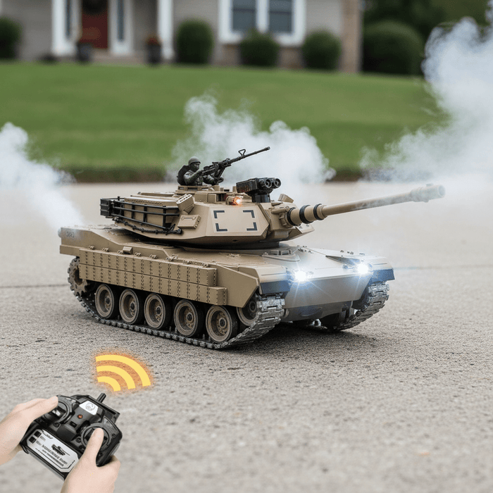 1:18 RC M1A2 Abrams Metal Battle Tank – Shoots BBs & Water with Smoke, Sound, Lights and Dual Batteries - Monsta Online