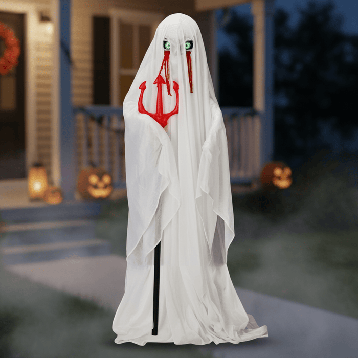 4.3ft Sound - Activated Animated Ghost with Trident – Green Lights and Creepy Sounds - Monsta Online