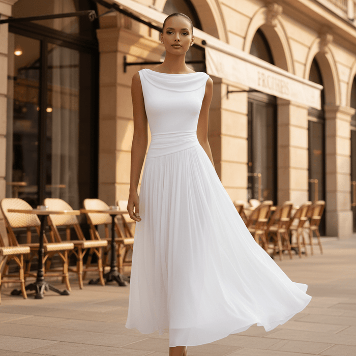 Vivienne Draped Pleated Midi Dress – Women's Sleeveless Fitted Wedding Guest Dress - Monsta Online