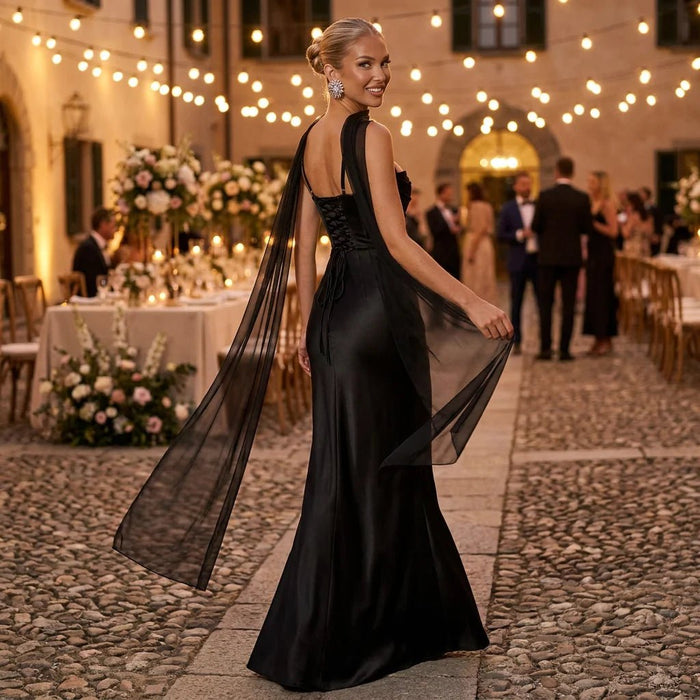 Vivienne Ruched Satin Maxi Dress Set – Women's Square Neck Wedding Guest Dress - Monsta Online