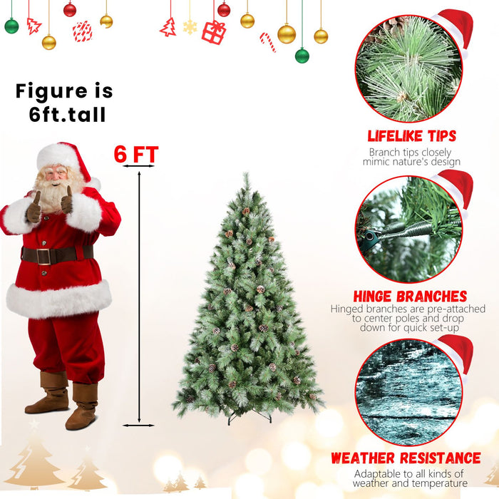 6FT Unlit Snow Frosted Artificial Christmas Tree — 988 Tips, Pinecones, Hinged Metal Stand - Monsta Online