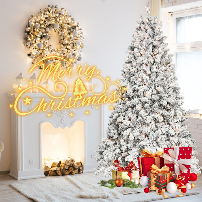 7.5FT Pre - Lit Flocked Artificial Christmas Tree White — 550 Warm LED, 49 Pine Cones, Hinged, Metal Stand - Monsta Online
