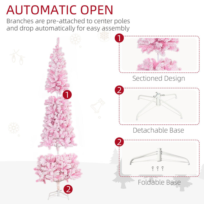 7.5FT Flocked Pink Pencil Artificial Christmas Tree — 800 Snow Tips, Unlit, Auto - Open, Slim Space - Saving - Monsta Online