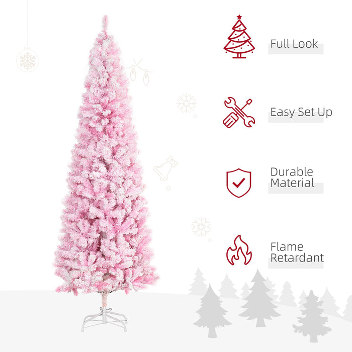6FT Pink Snow Flocked Pencil Artificial Christmas Tree — 520 Tips, Unlit, Auto - Open Hinged, Steel Base - Monsta Online