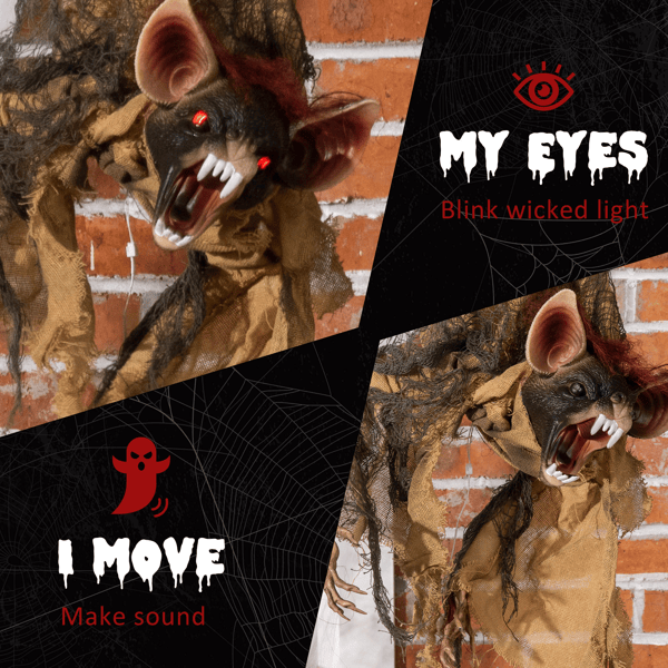 3ft Hanging Halloween Animatronic Bat – Sound Activated with Red Light - Up Eyes and Creepy Laughs - Monsta Online