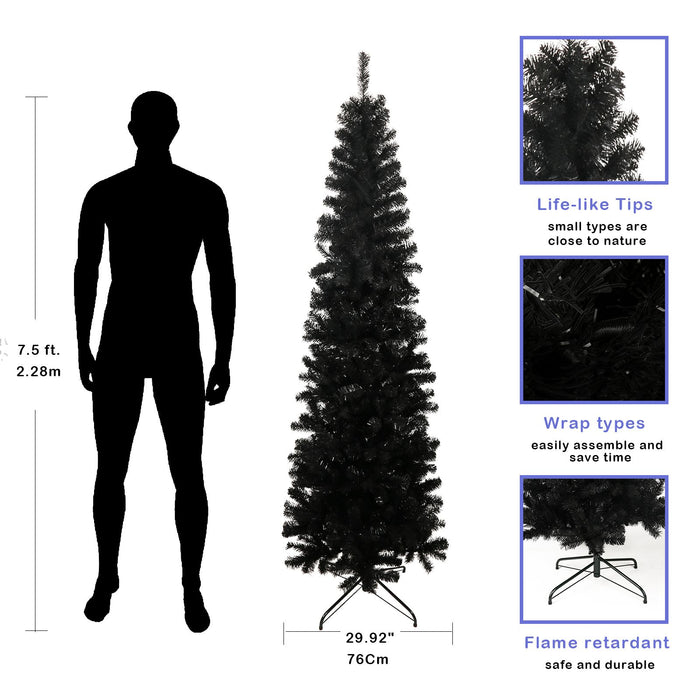 7.5FT Black Pencil Artificial Christmas Tree — 1000 Tips, Slim Space - Saving, Foldable Metal Stand - Monsta Online