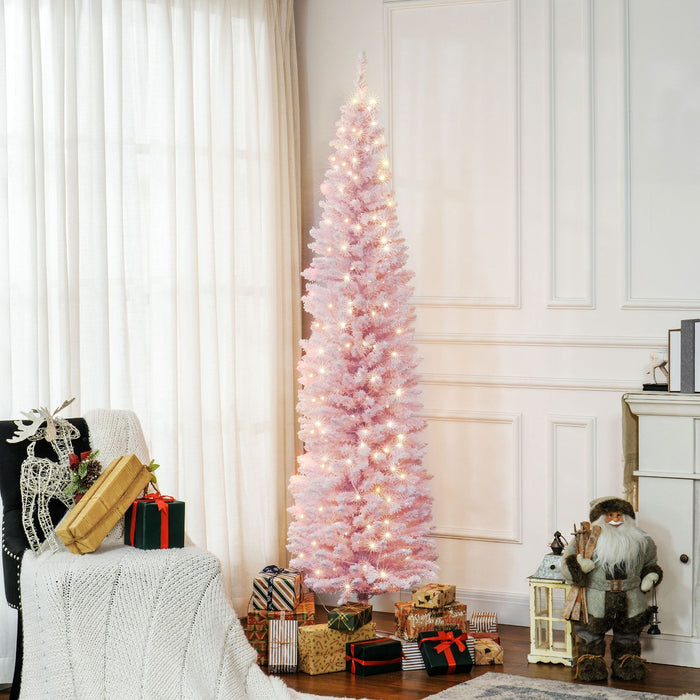 7FT Pre - Lit Pink Pencil Artificial Christmas Tree — 210 Warm White LED Lights, 499 Tips, Slim, Steel Base - Monsta Online