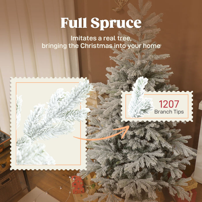6FT Snow Flocked Full Spruce Artificial Christmas Tree — 1207 Tips, Unlit, Auto - Open Hinged, Wide, Metal Base - Monsta Online