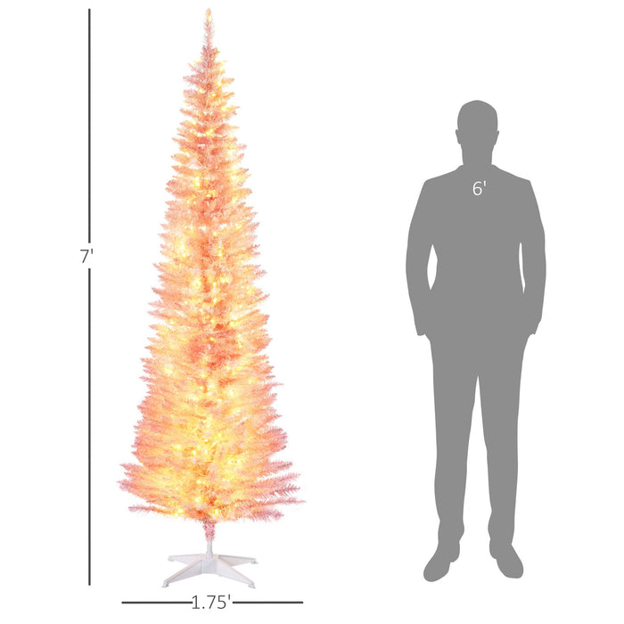 7FT Pink Pencil Pre - Lit Artificial Christmas Tree — 200 Warm White LEDs, 499 Tips, Slim Space - Saving - Monsta Online