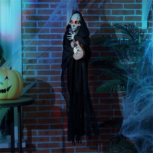4.2ft Animatronic Halloween Grim Reaper Playing Guitar – Red Glowing Eyes and Spooky Music - Monsta Online