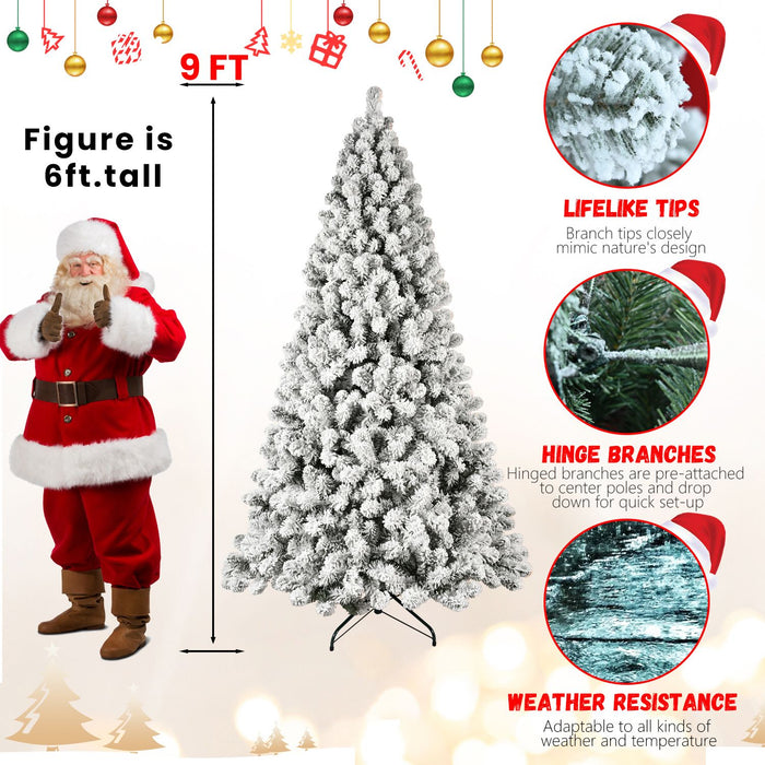 9FT Pre - Lit Flocked Artificial Christmas Tree — Premium PVC Tips, 650 Lights, Hinged - Monsta Online