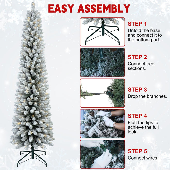 7FT Pre - Lit Flocked Pencil Artificial Christmas Tree — 200 Warm LED, Slim, 469 Tips, Metal Stand - Monsta Online