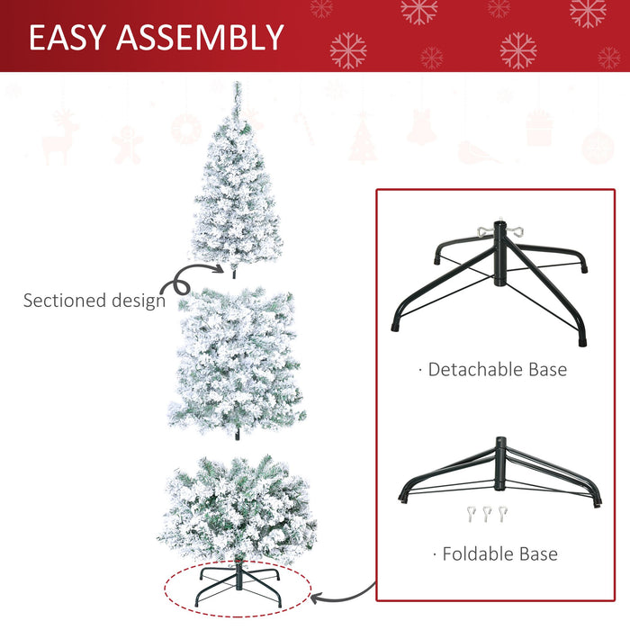 6FT Snow Flocked Pre - Lit Artificial Christmas Tree — 250 Warm White LEDs, 462 Tips, Hinged Pencil, Steel Base - Monsta Online