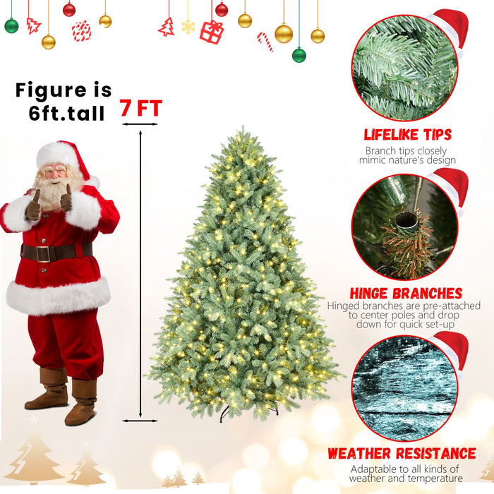 7FT Pre - Lit Blue - Green Artificial Christmas Tree — 700 Warm LED, 2518 Tips, Hinged, Metal Stand - Monsta Online