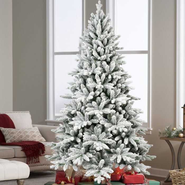 7FT White Flocked Artificial Christmas Tree — Full, 1514 Tips, PE+PVC, Hinged, Metal Stand - Monsta Online