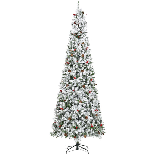 9FT Flocked Pencil Artificial Christmas Tree — 1350 Tips, Snow, Pinecones, Berries, Unlit, Auto - Open - Monsta Online