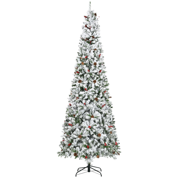 9FT Flocked Pencil Artificial Christmas Tree — 1350 Tips, Snow, Pinecones, Berries, Unlit, Auto - Open - Monsta Online
