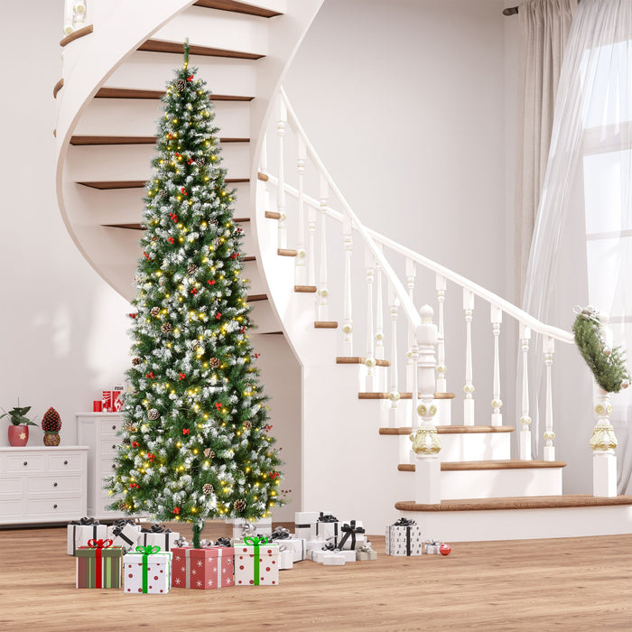 9FT Slim Snow Flocked Pre - Lit Artificial Christmas Tree — 460 Warm White LEDs, 1298 Tips, Pine Cones, Berries - Monsta Online