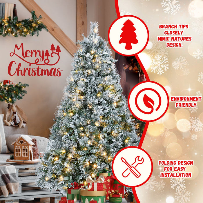 4FT Pre - Lit Flocked Artificial Christmas Tree — 150 Warm Lights, Snow Frosted Pine, Metal Stand - Monsta Online