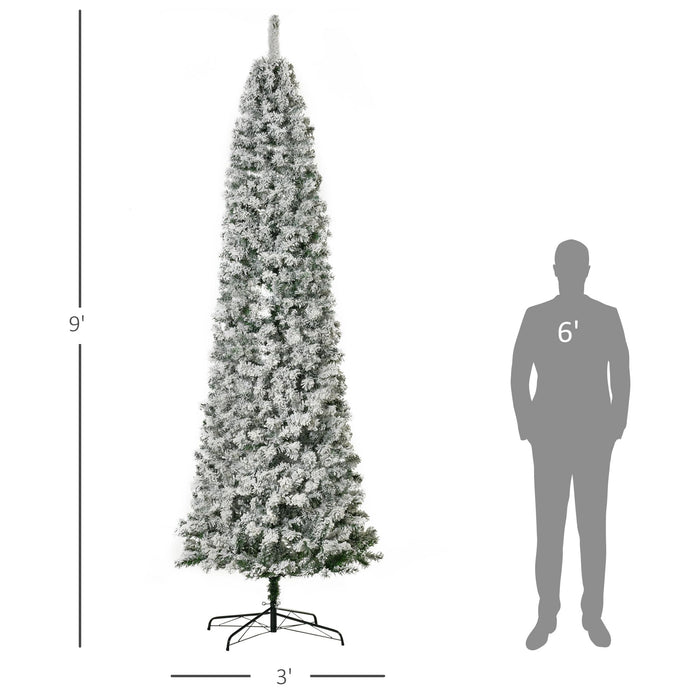9FT Snow Flocked Pre - Lit Artificial Christmas Tree — 550 Warm White LEDs, 988 Tips, Hinged, Steel Base - Monsta Online