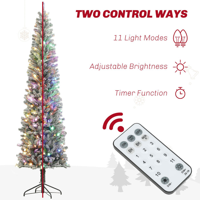9FT Pre - Lit Flocked Pencil Christmas Tree — 895 Tips, Dual Color 310 LEDs, Remote Control, Metal Stand - Monsta Online