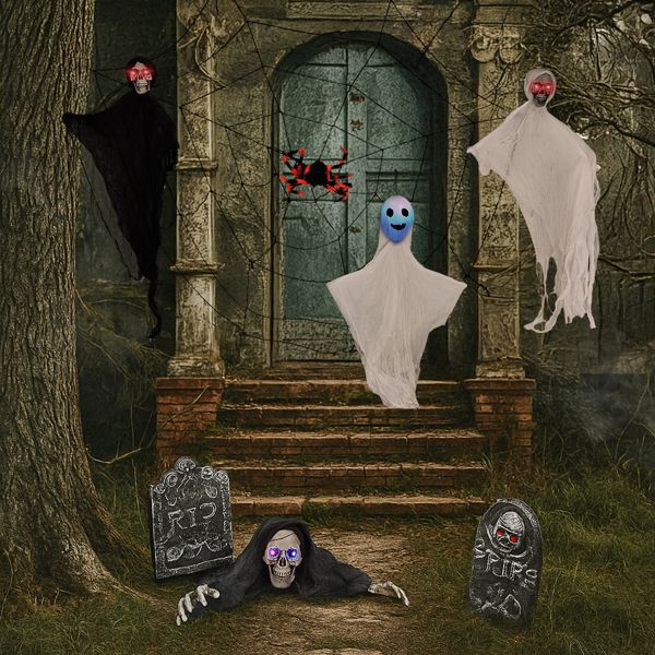 8 - Piece Outdoor Halloween Decoration Set 5.9ft Cobweb – Red Flashing Eyes, Hanging Ghosts, Gravestones and Spider - Monsta Online