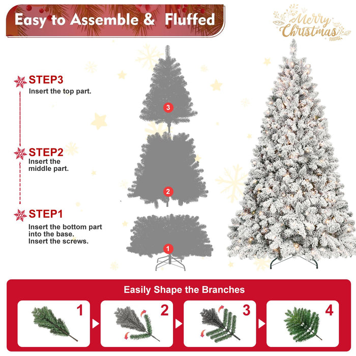 7FT Pre - Lit Flocked Artificial Christmas Tree — 500 UL LED, 45 Pine Cones, 1124 Snowy Tips - Monsta Online