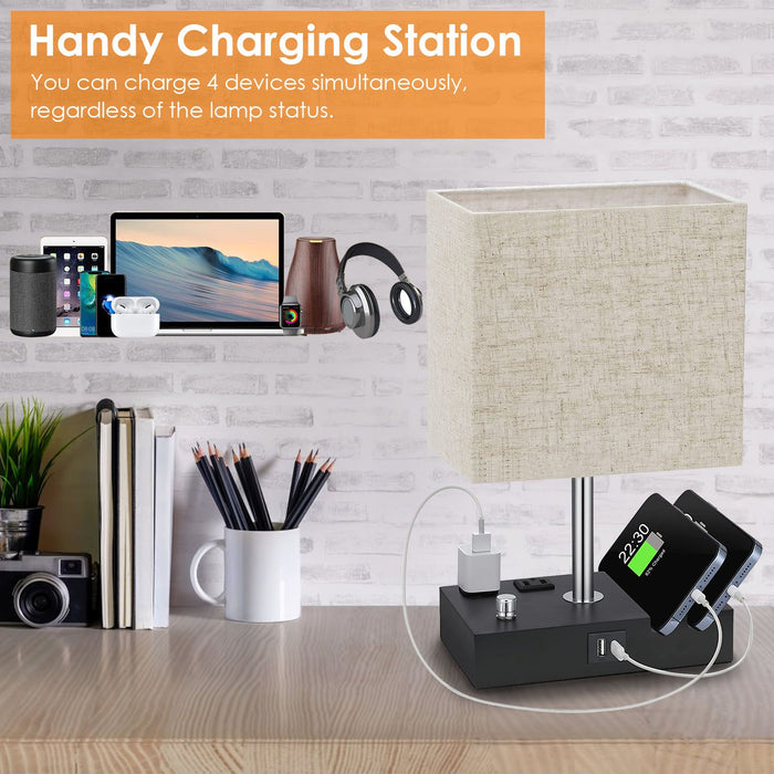 Fully Dimmable Bedside Table Lamp with Power Outlets USB Ports and Wooden Base - Monsta Online