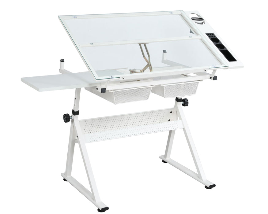Sleek White Tempered Glass Drafting Table with Adjustable Features and Chair - Monsta Online
