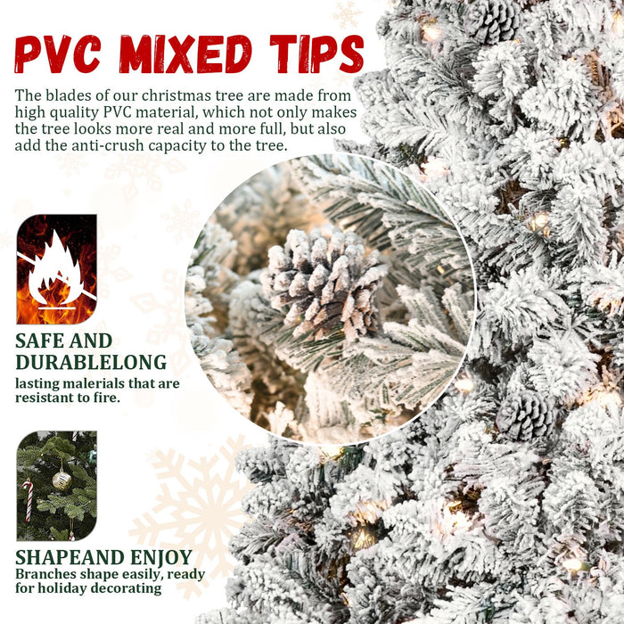 8FT Pre - Lit Flocked Artificial Christmas Tree — 700 UL LED, 54 Pine Cones, 1754 Tips, Hinged, Metal Stand - Monsta Online