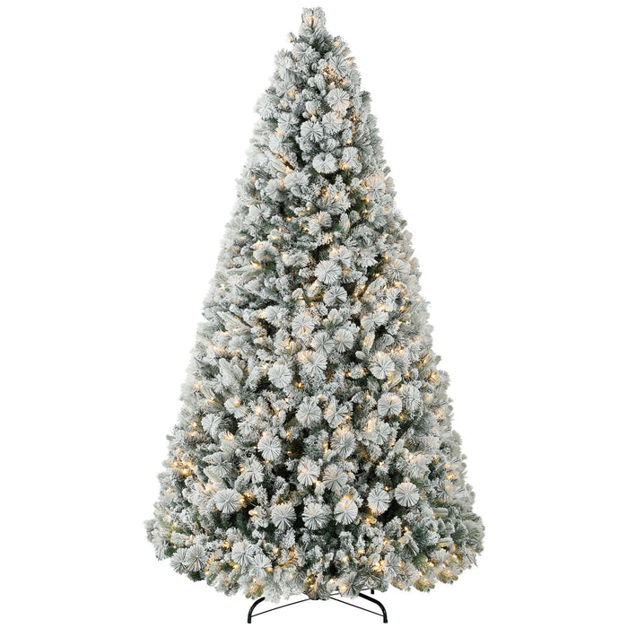 9FT Snow Flocked Pre - Lit Artificial Christmas Tree — 750 Clear Warm White Lights, 2387 Tips, Steel Base - Monsta Online