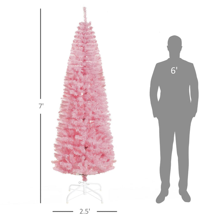 7FT Pink Pencil Artificial Christmas Tree — 818 Tips, Unlit, Auto - Open Hinged, Space - Saving, Steel Base - Monsta Online