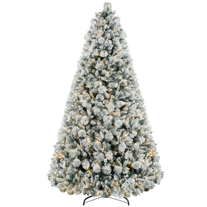 9FT Snow Flocked Pre - Lit Artificial Christmas Tree — 750 Clear Warm White Lights, 2387 Tips, Steel Base - Monsta Online