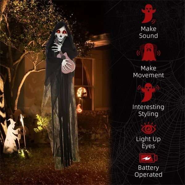 4.2ft Animatronic Halloween Grim Reaper Playing Guitar – Red Glowing Eyes and Spooky Music - Monsta Online