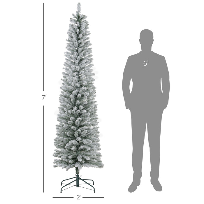 7FT Snow Flocked Pencil Artificial Christmas Tree — 405 Tips, Unlit, Slim Space - Saving, Metal Base - Monsta Online
