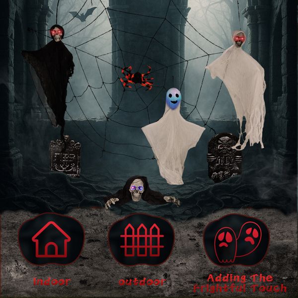 8 - Piece Outdoor Halloween Decoration Set 5.9ft Cobweb – Red Flashing Eyes, Hanging Ghosts, Gravestones and Spider - Monsta Online