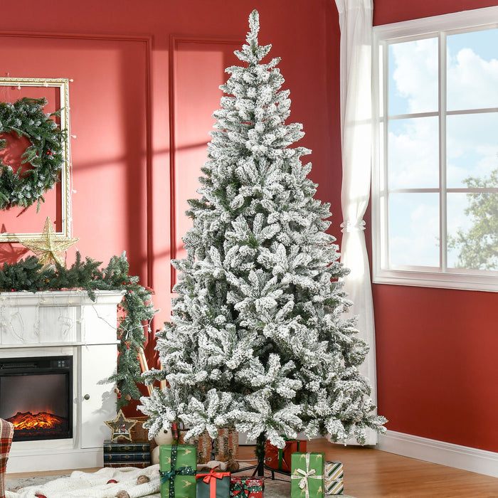 7.5FT Snow Flocked Artificial Christmas Tree — 1300 Tips, Unlit, Auto - Open Hinged, Green White, Steel Base - Monsta Online