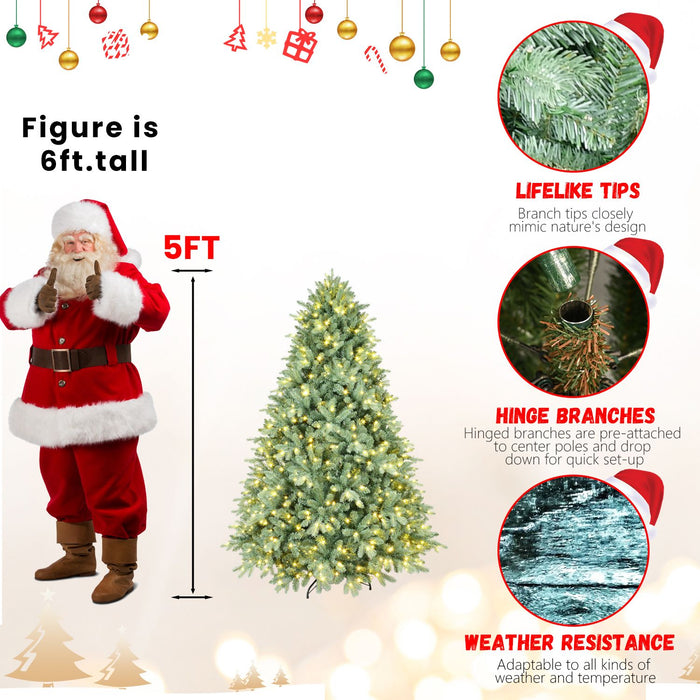 5FT Pre - Lit Blue - Green Artificial Christmas Tree — 300 Warm LED, 1194 Tips, Hinged, Metal Stand - Monsta Online