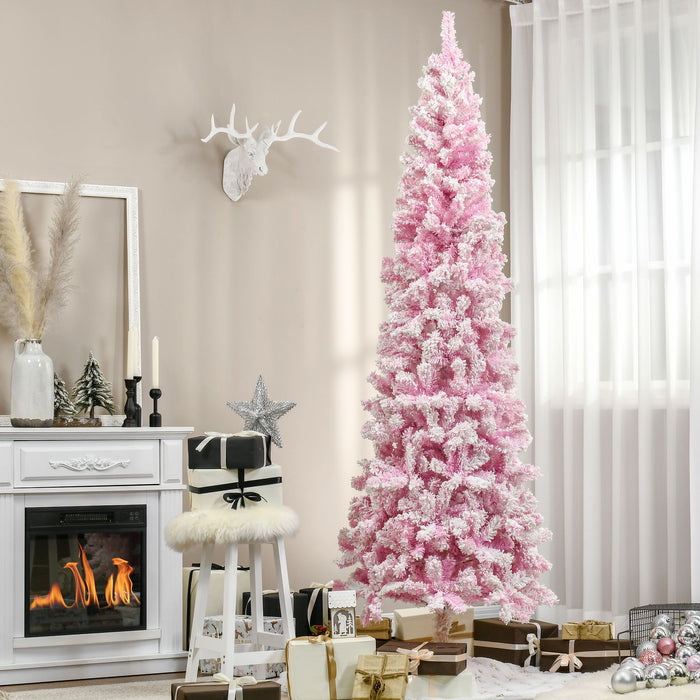 7.5FT Flocked Pink Pencil Artificial Christmas Tree — 800 Snow Tips, Unlit, Auto - Open, Slim Space - Saving - Monsta Online