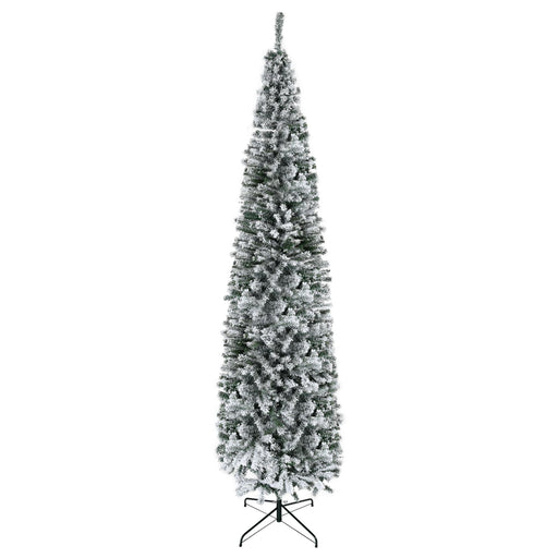 9FT Snow Flocked Slim Pencil Artificial Christmas Tree — 1014 Tips, Unlit, Hinged, Foldable Steel Base - Monsta Online